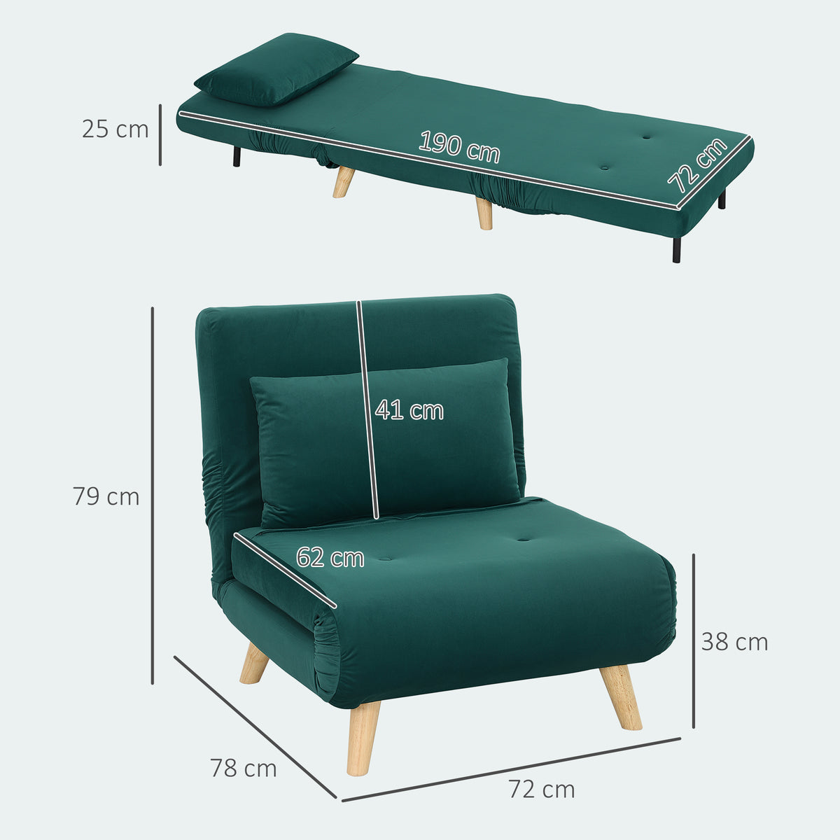 HOMCOM Klappsessel mit Bettfunktion, Klappbarer Relaxsessel in Samtoptik, Verstellbare Lehne, bis 120 kg belastbar, Dunkelgrün