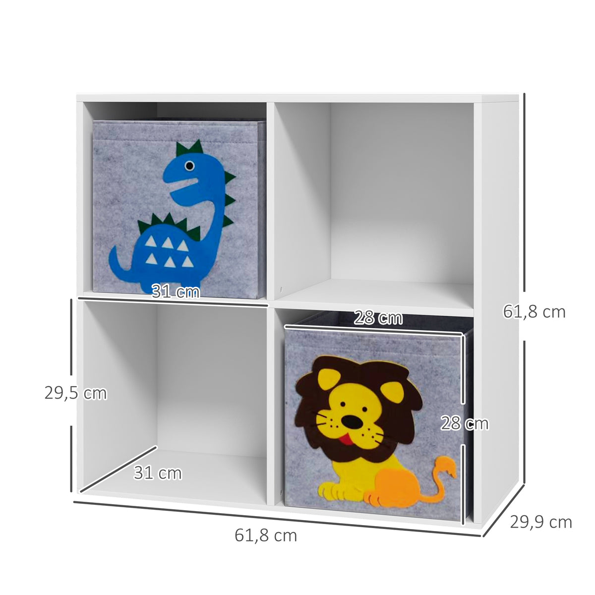 ZONEKIZ Kinderregal Bücherregal 4 Fächer 2 Würfel Stoffkörbe Dinosauriermotiv für Kinderzimmer 62 x 30 x 62 cm weiß