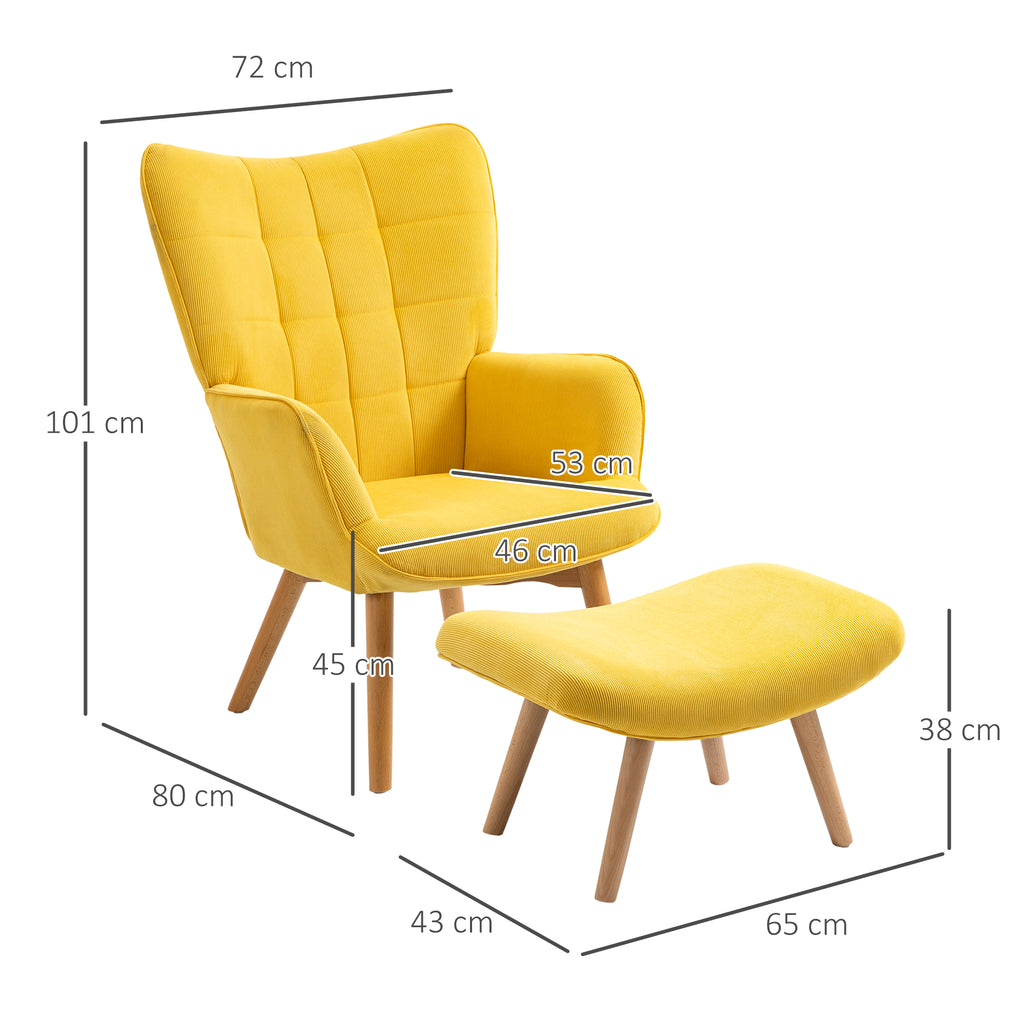 HOMCOM Akzentsessel mit Hocker, Relaxsessel in Cord-Optik, Armlehnstuhl mit Holzbeinen, für Wohnzimmer, Gelb