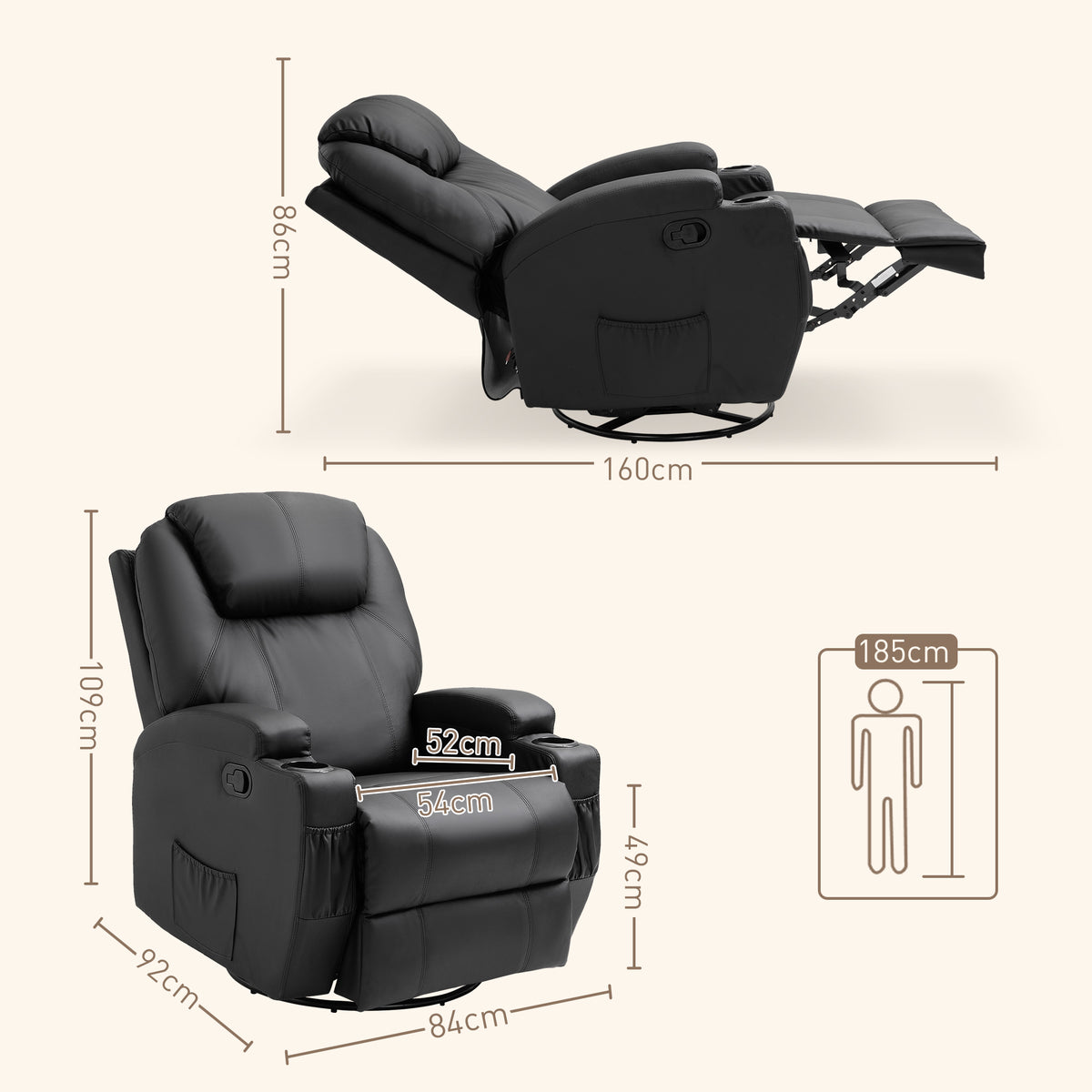 HOMCOM Massagesessel Elektrisch Relaxsessel Fernsehsessel Massagefunktion 5 Massage-Modi Liegefunktion Kunstleder Holz Metall Schaumstoff Schwarz 84 x 92 x 109 cm