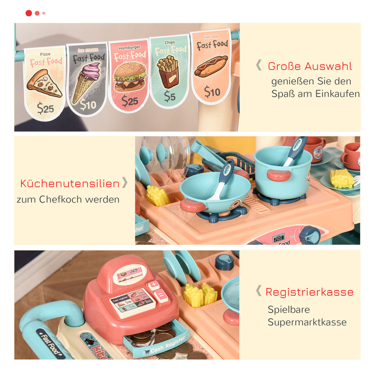 HOMCOM Kinderküche mit Zubehör 50-Teilige Spielküche Spielzeugküche Kunststoff Blau+Rot+Orange 79,5 x 33 x 90,5 cm