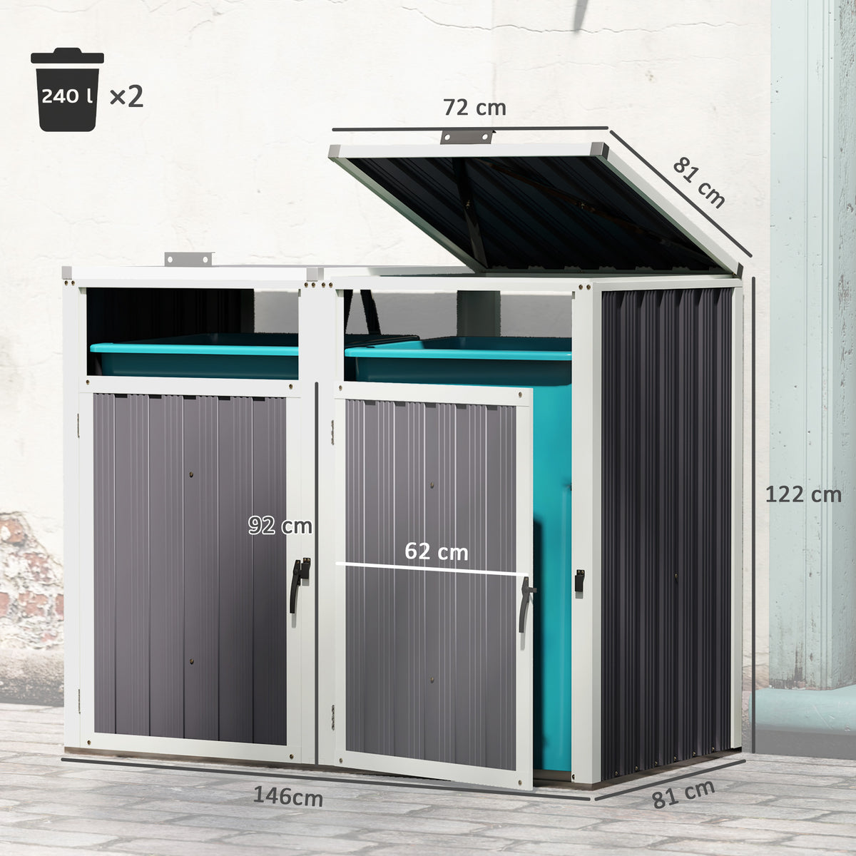 Outsunny Mülltonnenverkleidung für 2 Behälter à 240L, Außenabdeckung für Mülltonnen, 180° Klappdeckel, feuerverzinkter Stahl 73 x 81 x 122 cm, Dunkelgrau