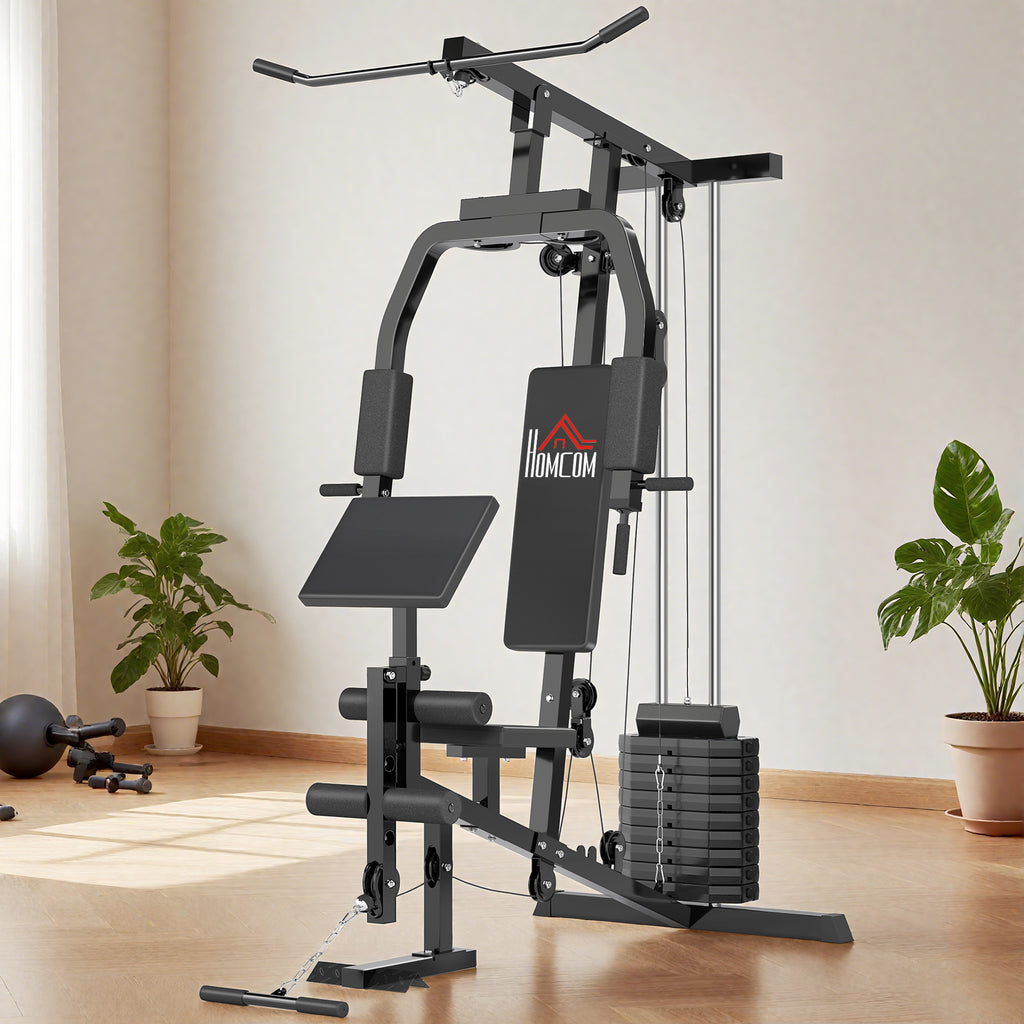 HOMCOM Kraftstation für Zuhause Fitnessstation mit Latzuggerät, Kabelzug, kurzer Bizepsstange, Brustpresse, Beintrainer, Butterfly-Maschine 45kg Gewichten Multifunktion Fitnessstation Schwarz
