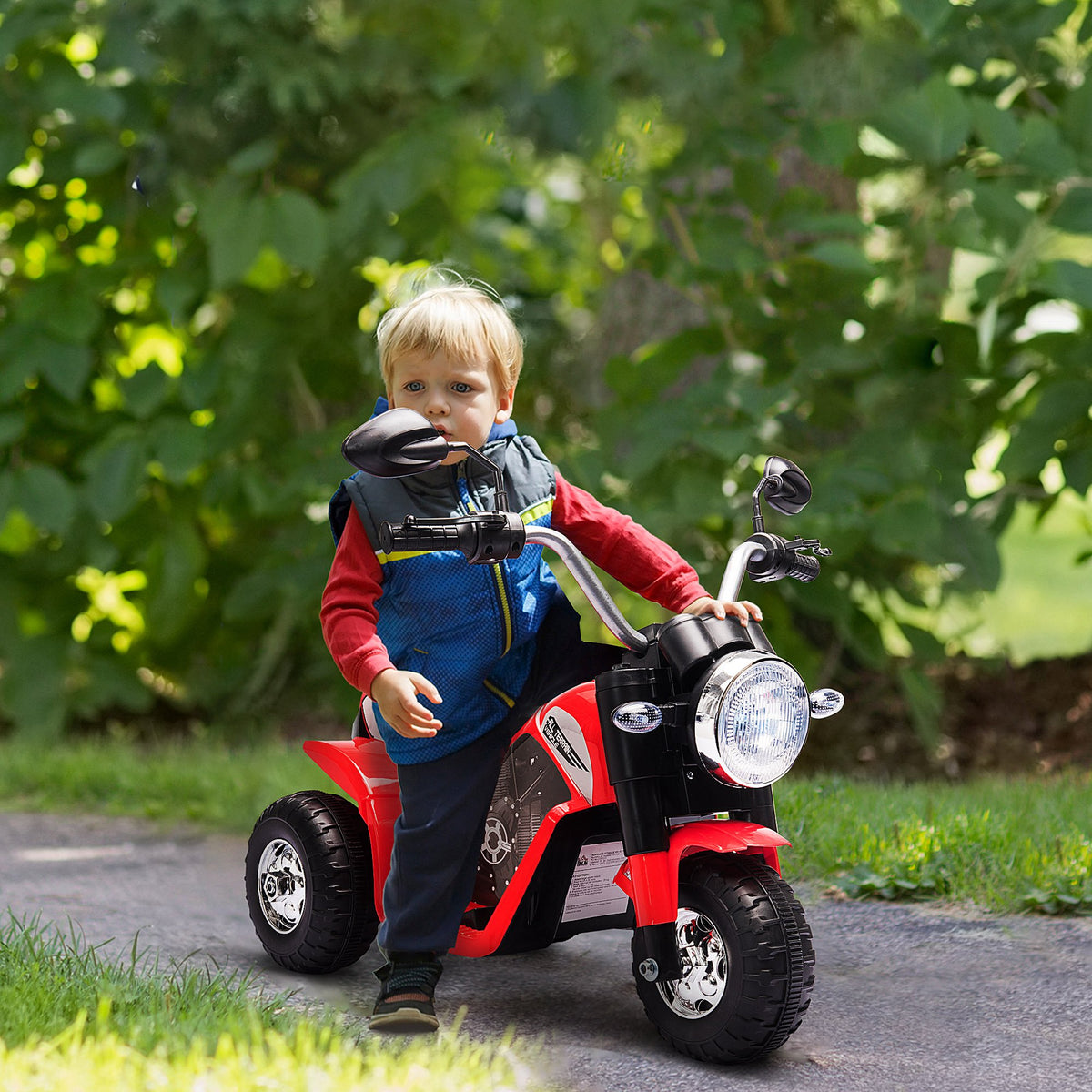 HOMCOM Elektrisches Kinderchopper Geländemotorrad 6 V 20 W Vorwärts- und Rückwärtslauf 3 Räder Licht- und Soundeffekte Rot Schwarz