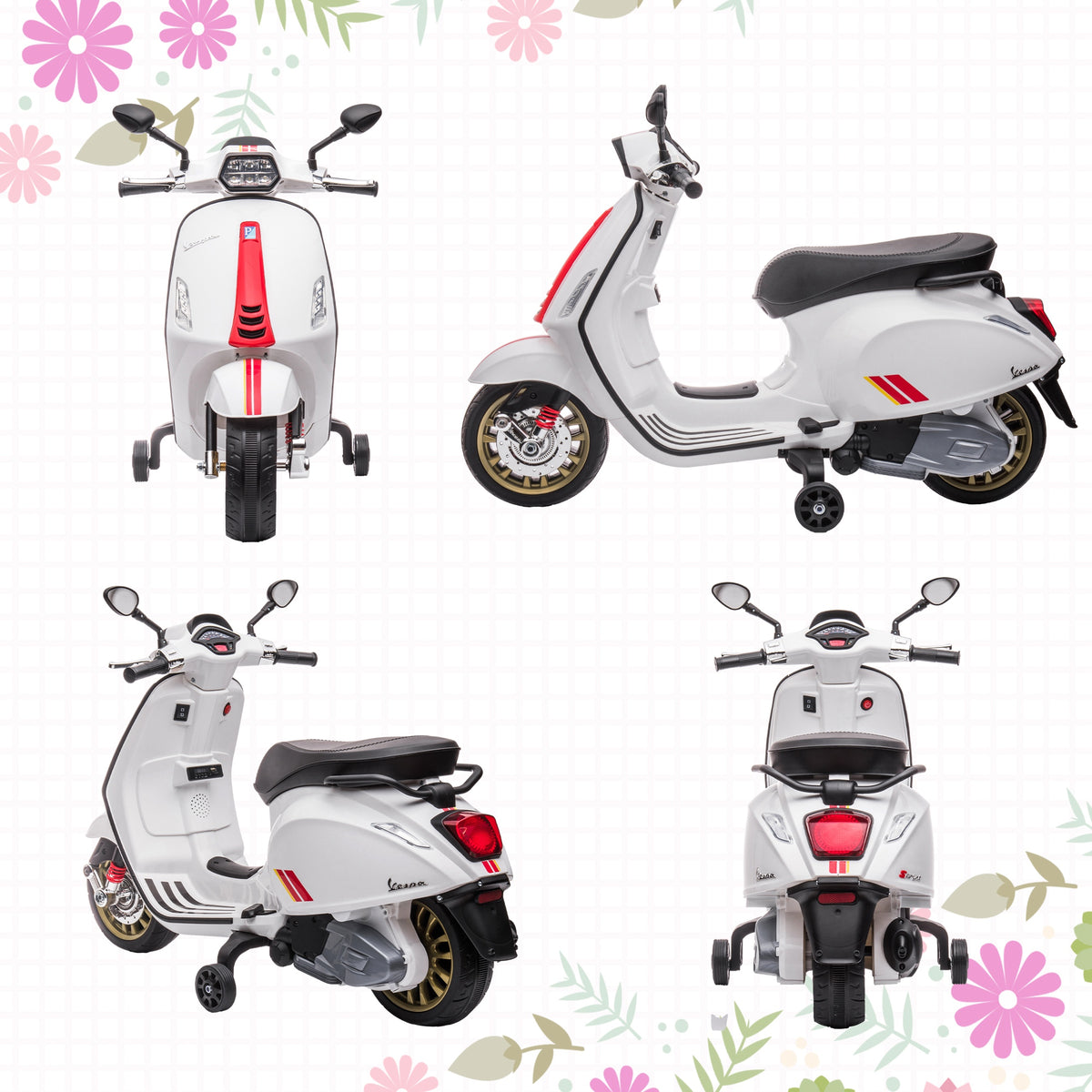 AIYAPLAY Elektro-Kindermotorrad, Vespa, 3 km/h, 3-6 Jahre, Musik, Licht & Radio, Weiß