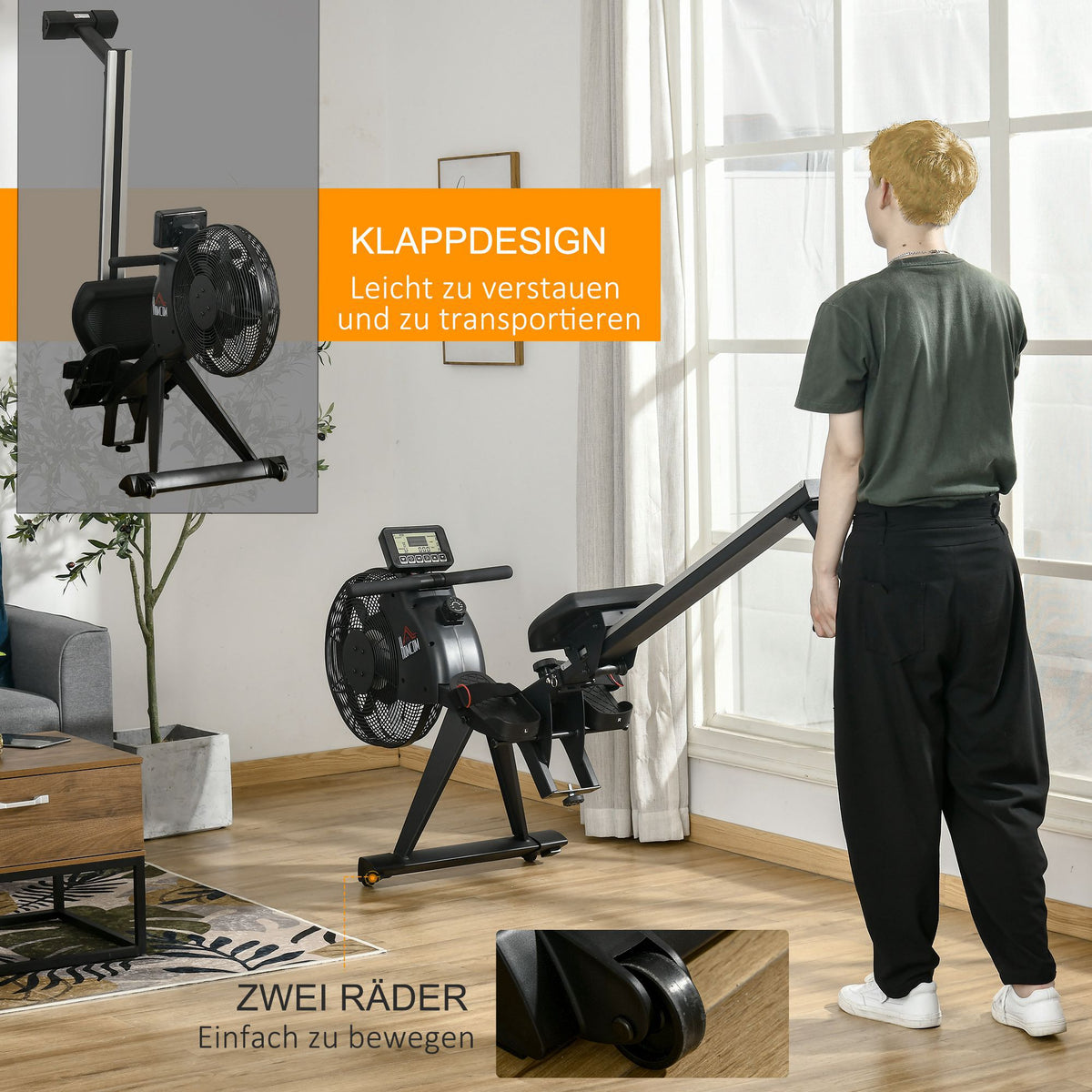 HOMCOM Rudergerät mit 16 Widerstandsstufen einklappbar rollbar 225 x 55 x 88cm Stahl Schwarz