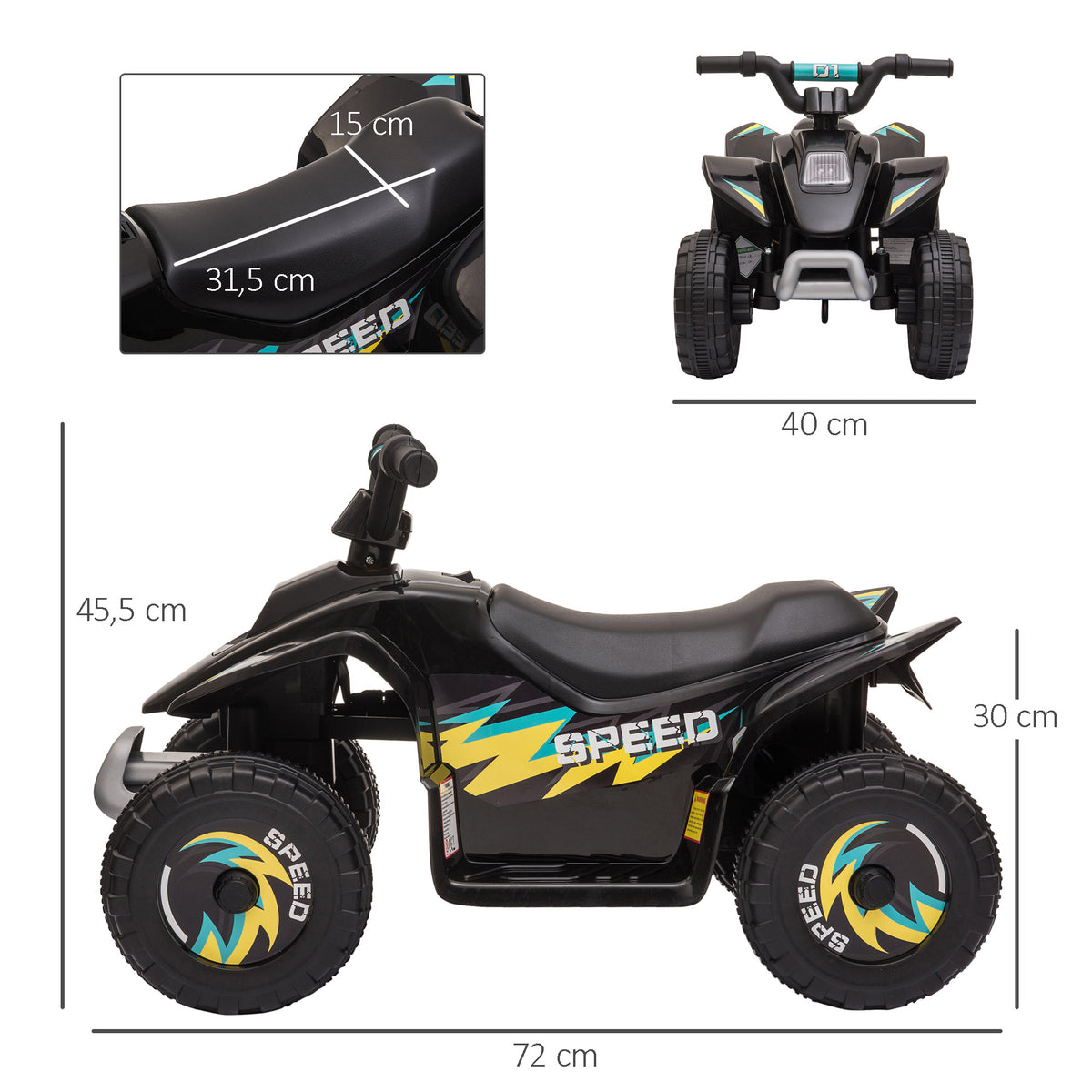 HOMCOM Quad elektrisches Fahrzeug für Kinder 18-36 Monate 6V Batteriebetrieb mit Vorwärts- und Rückwärtsgang 72 x 40 x 45,5 cm schwarz