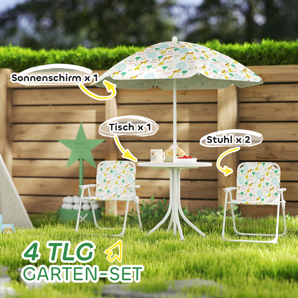 AIYAPLAY Kinder-Sitzecke, Klappstuhl-Sitz-Set mit Sonnenschirm, Buntes Muster, Weiß