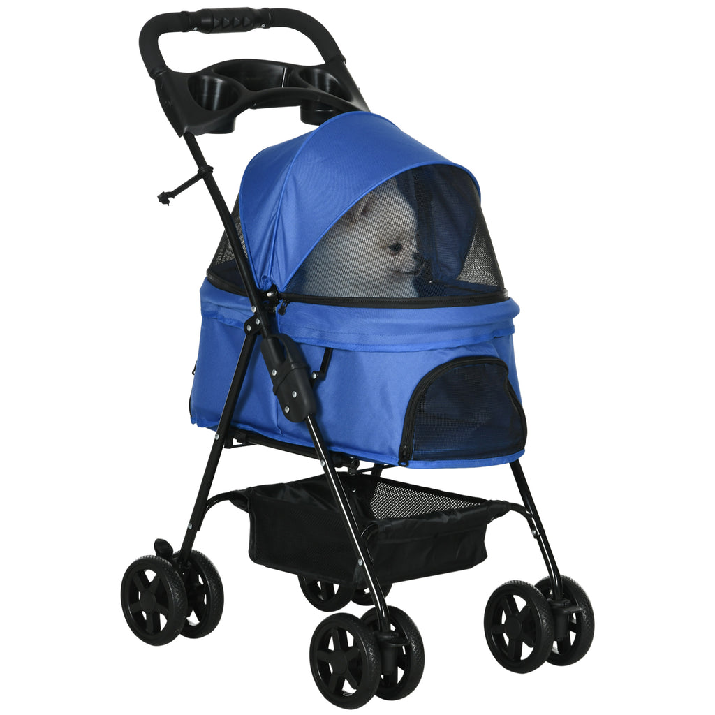 PawHut Hundebuggy Hundewagen bis 4 kg Klappbar Netzfenster Bodenkorb Becherhalter abnehmbares Dach blau 67 x 45 x 96 cm