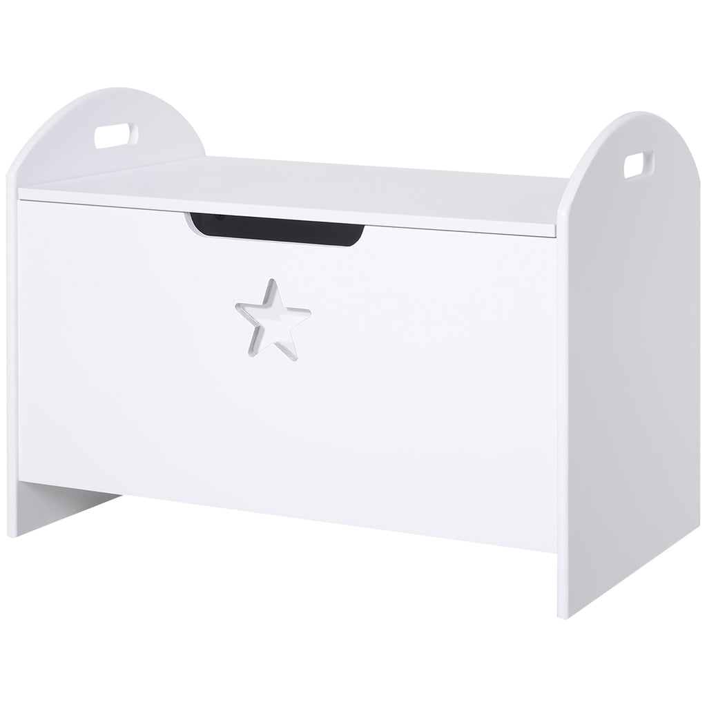 HOMCOM Spielzeugkiste aus Holz Sitzbank für Kinder Sitztruhe Aufbewahrungsbox für Kinderzimmer Bücher Spielzeug Spieltruhe für Kinder Sicherheitsscharnier Weiß 62 x 40 x 46,5 cm