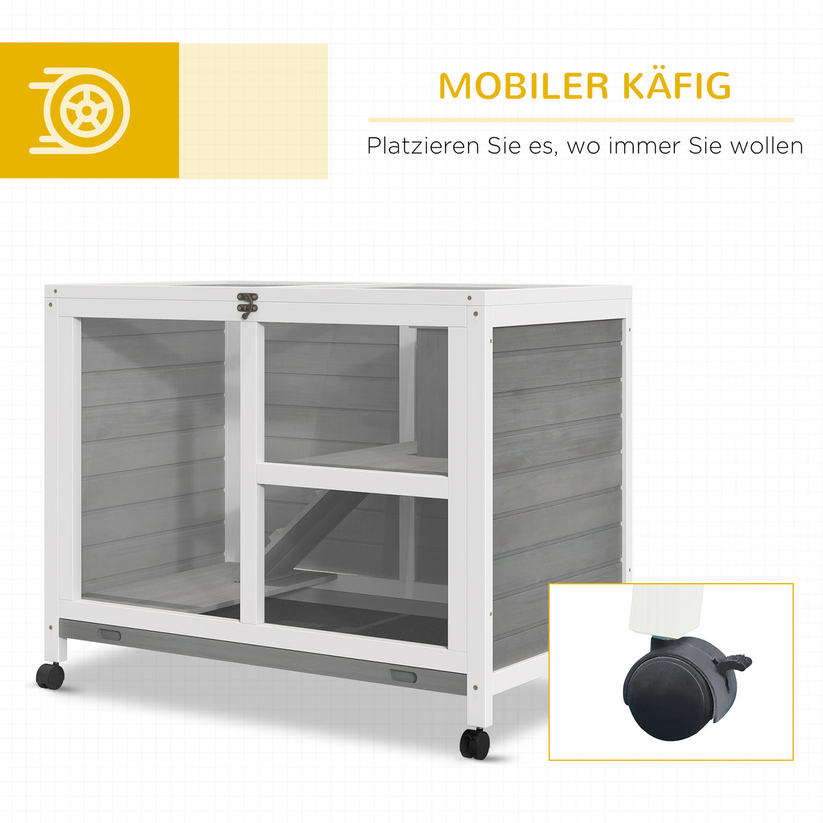 PawHut Kleintierstall mit 2 Ebenen 4 Rollen versiegeltes Tannenholz Grau