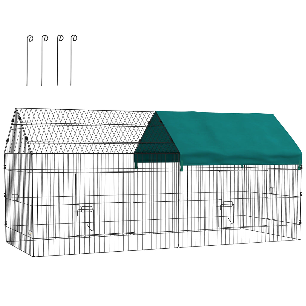 PawHut Kleintiergehege mit Dach, 4 Türen, wetterfest, Stahl/Polyester, 220x85x103cm, Grün/Schwarz