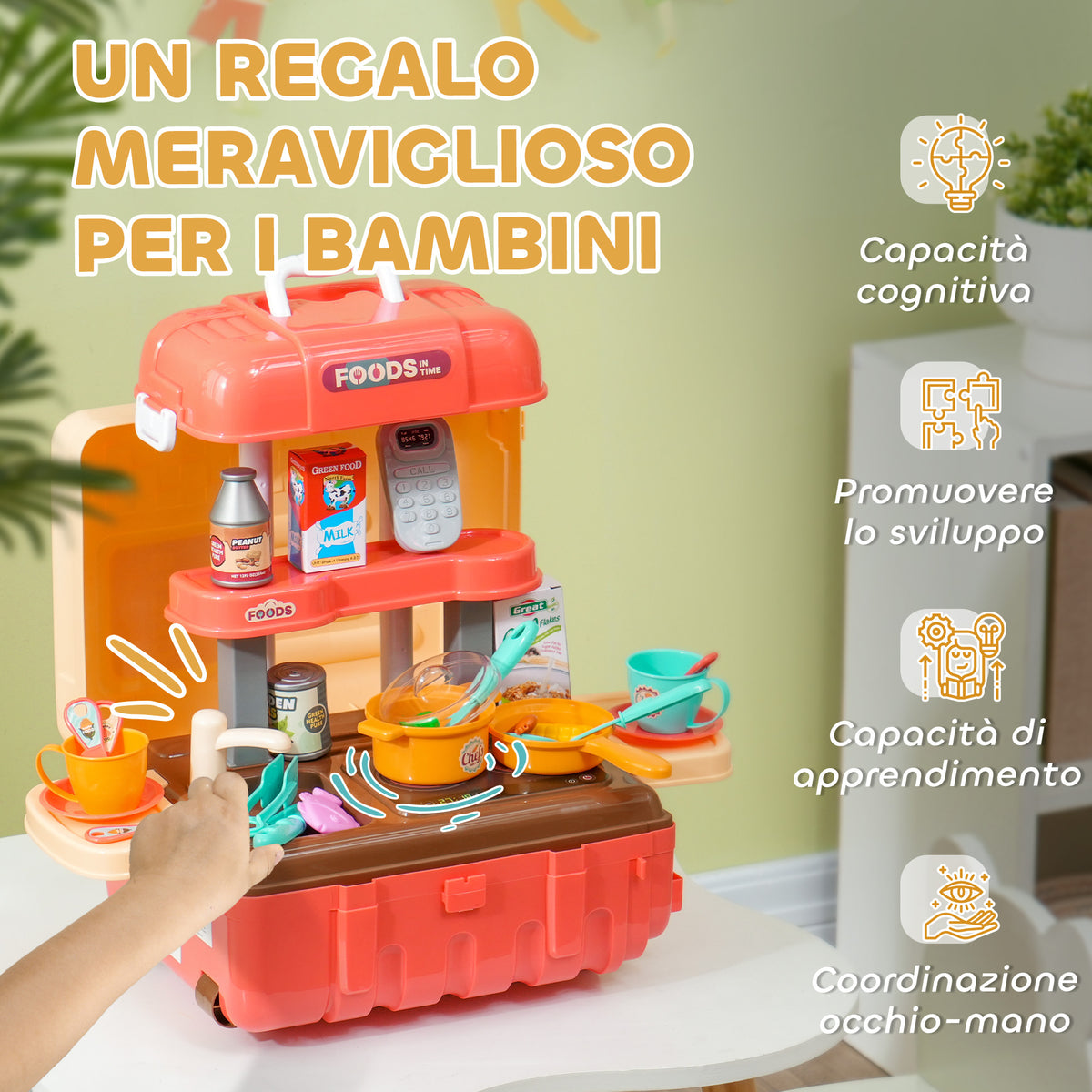 AIYAPLAY Kinder Spielküche 3 in 1 mit 36 Teilen inkl. Bestecktisch, Esstisch und Wagen, aus PP und ABS, 48x26x64 cm