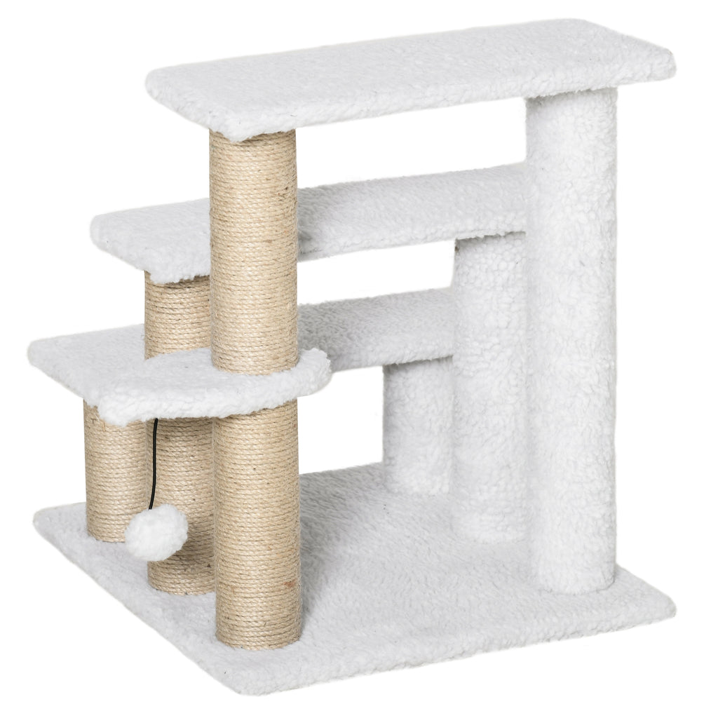 PawHut Katzentreppe 3-stufige Haustiertreppe mit Kratzsäulen Ball Hundetreppe Tiertreppe für Katzen bis 5 kg Plüsch Jute Weiß 45 x 40 x 48 cm
