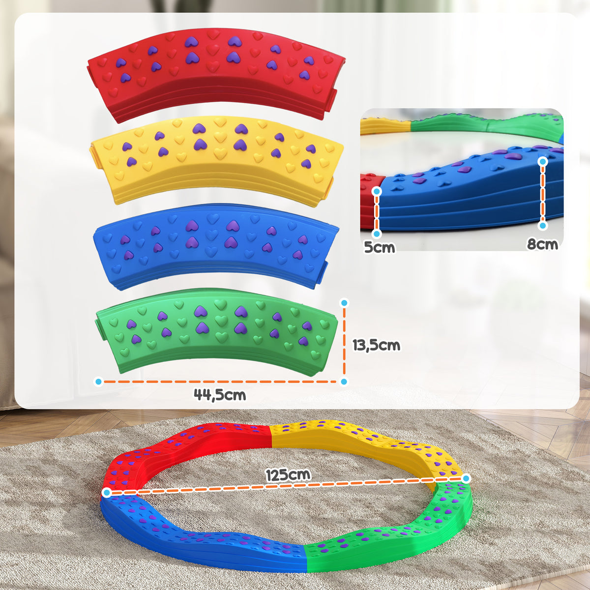 AIYAPLAY Balance Beam für Kinder 8 Steine mit gewellten Stufen Oberfläche rutschfest und Bodenmatte