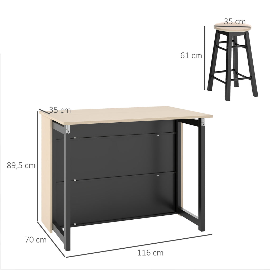 HOMCOM 3-tlg. Barset, Bartisch mit klappbarer Tischplatte, 2 Barhocker, 6 Staufächer, schwarz+Eiche, 116 x 70 x 89,5 cm