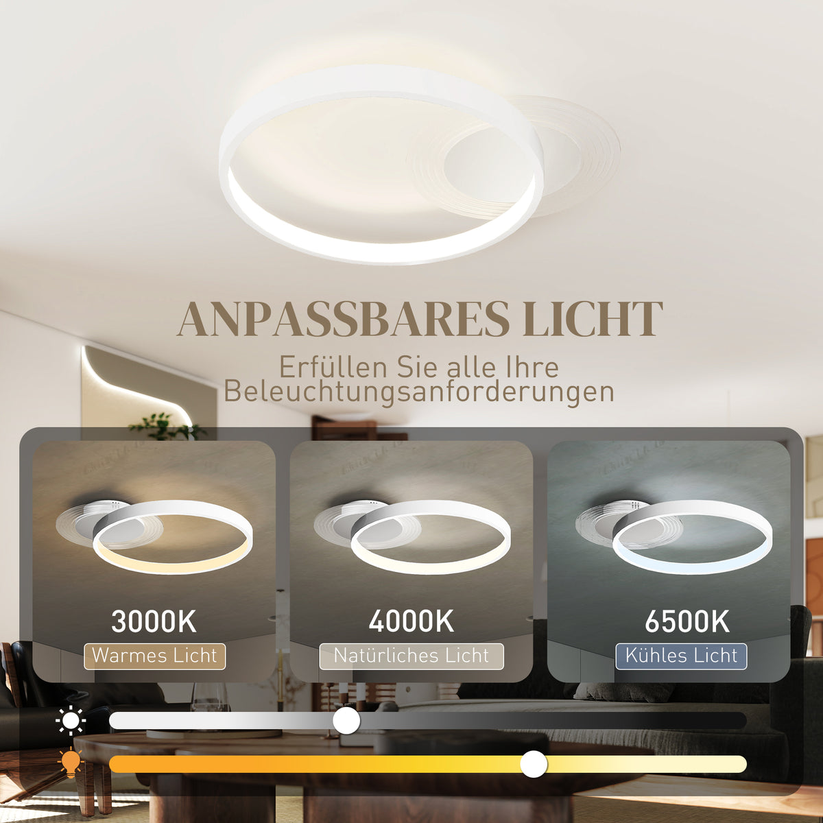 HOMCOM Deckenlampe, Deckenleuchte mit Zwei-Ring-Design, Rund 50 x 40 x 7,4 cm, Weiß
