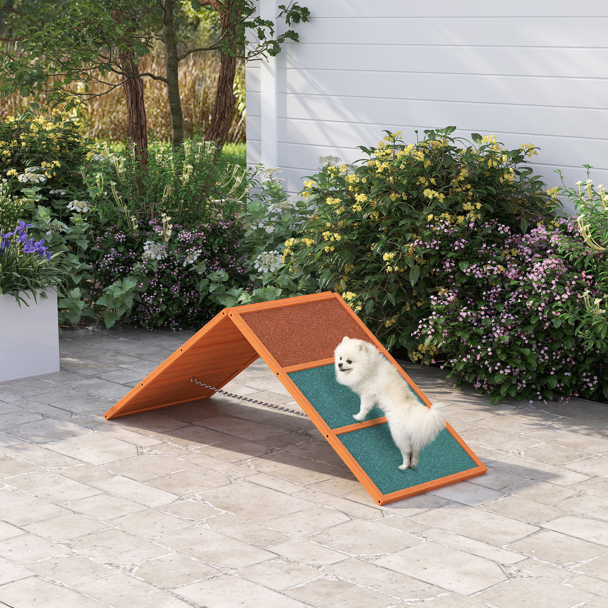 PawHut Agility Hunderampe, klappbar, verstellbare Höhe, rutschfest, Tannenholz, bis 40 kg, 173 x 59 x 66 cm, Orange/Grün