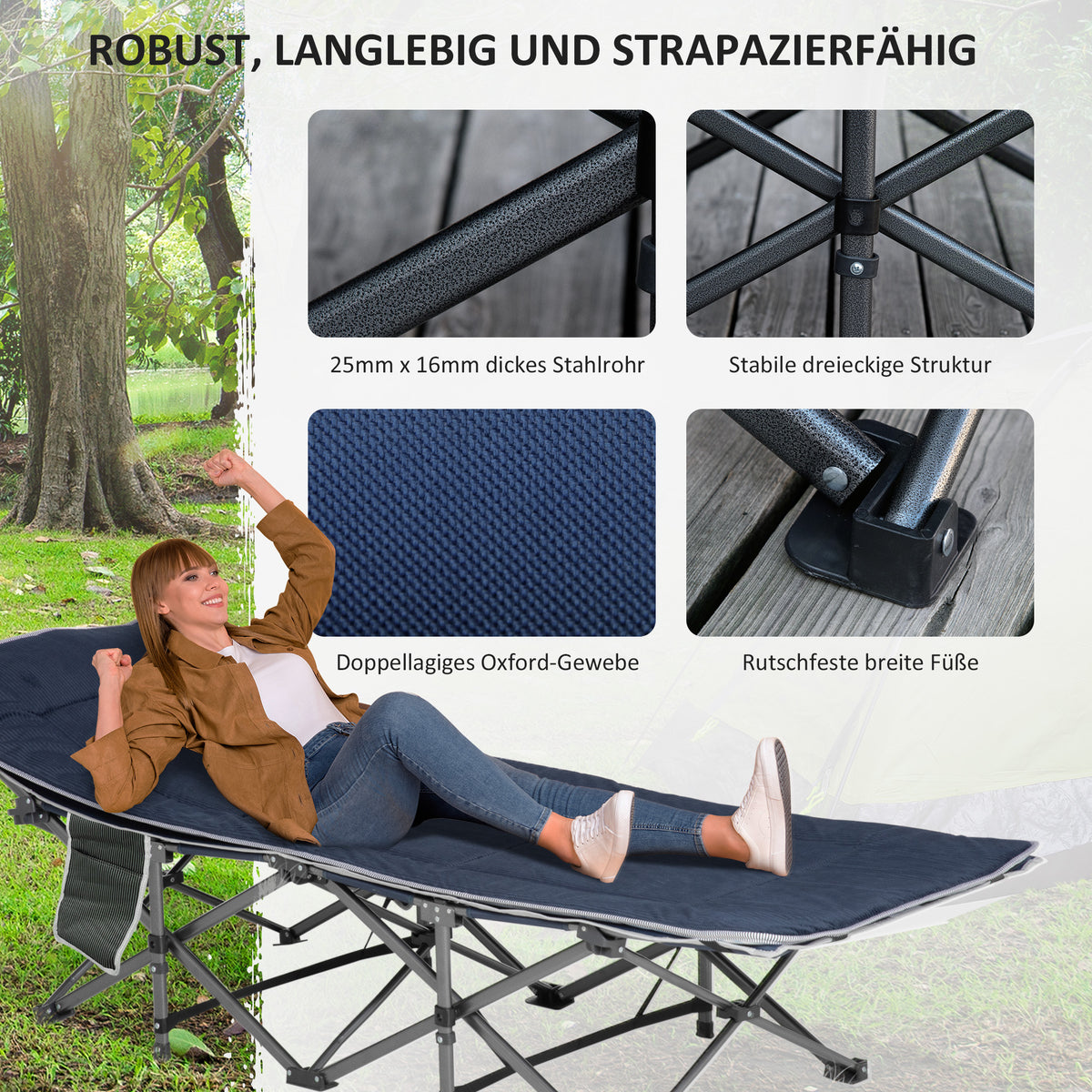 Outsunny Campingbett, klappbares Feldbett mit Kopfkissen, 188 x 64,5 x 53 cm, Dunkelblau