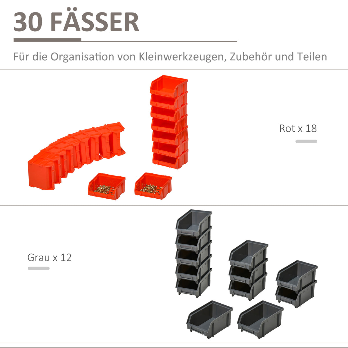 DURHAND Aufbewahrungs-System Wandregal mit Stapelboxen, 30 Boxen, 2 Lochplatten, 37,5 cm x 18 cm x 63 cm, Rot + Grau+ Schwarz