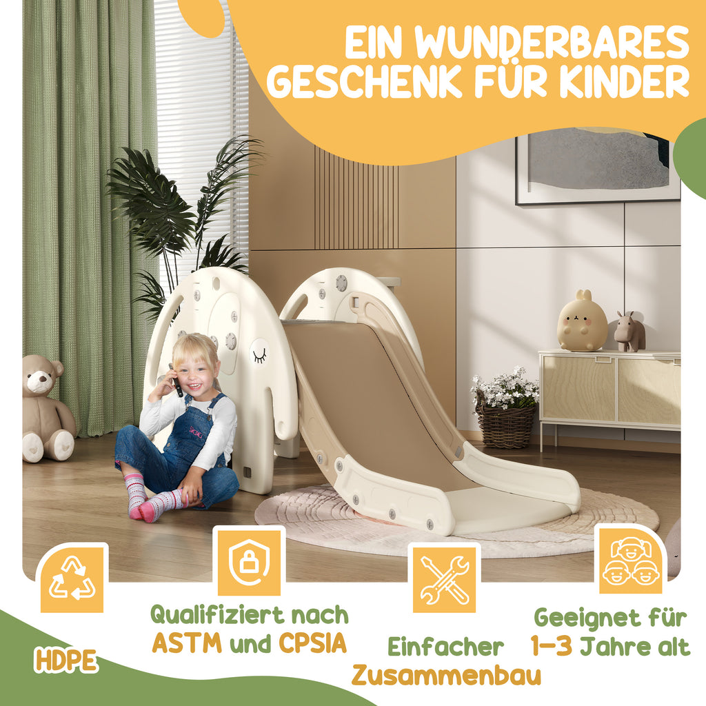 AIYAPLAY Babyrutsche 3-in-1, Klettergerüst, Basketballkorb, rutschfeste Stufen, Handläufe, Cremeweiß