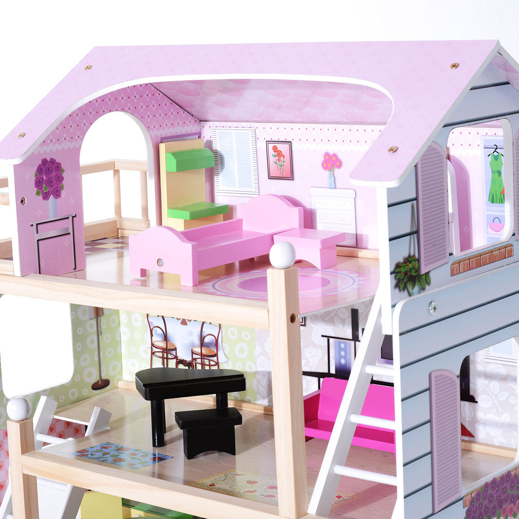 HOMCOM Puppenhaus aus Holz Puppenvilla für Kinder ab 3 Jahren Puppenstube Dollhouse 4 Etagen mit Möbel und Zubehör Spielzeug 60 x 30 x 80 cm
