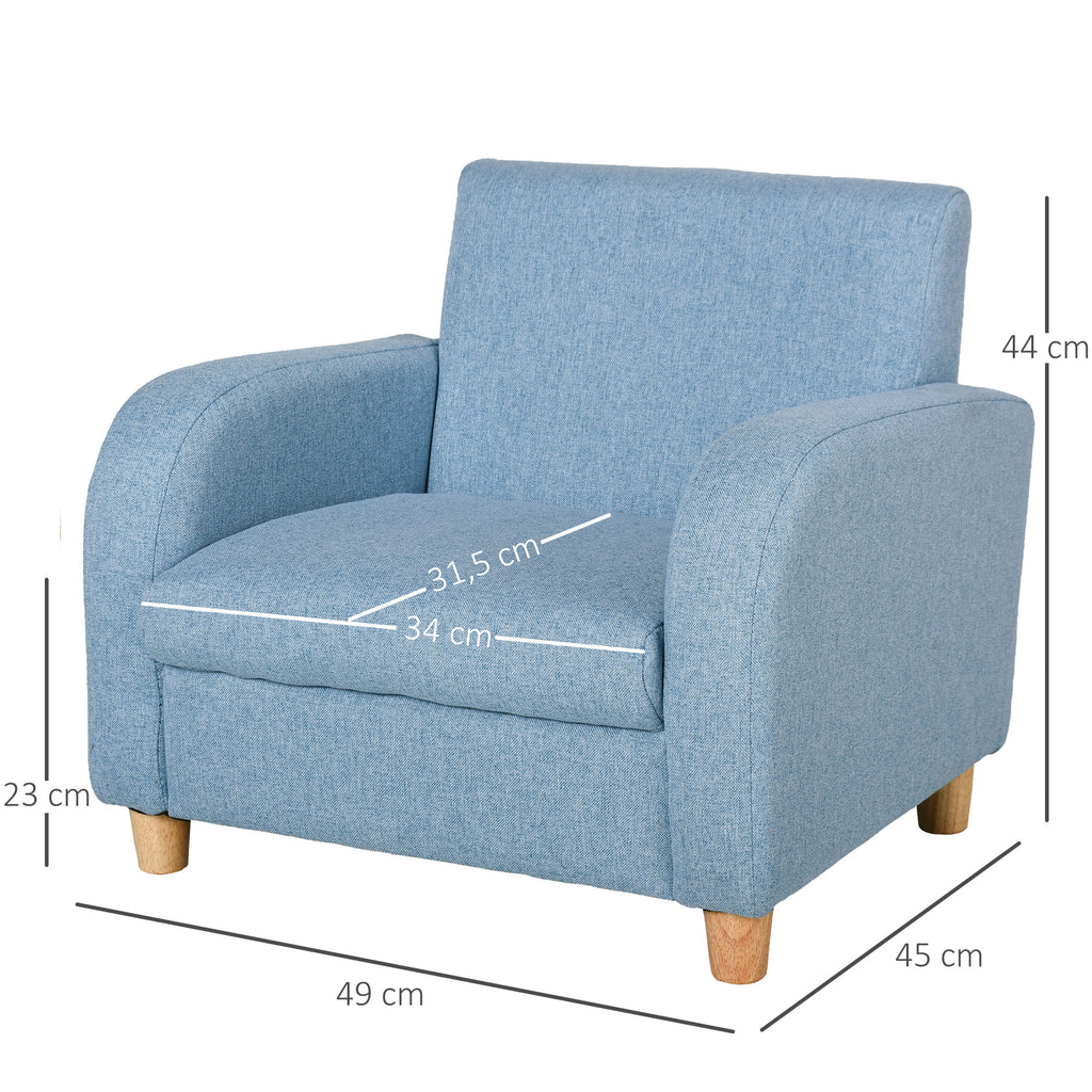 HOMCOM Kindersessel Kindersofa mit dickem Schaumstoff und dicken Sitzkissen Kindercouch Stuhl Liegesofa mit Anti-Rutsch-Füßen für 3-5 Jahre Kinder Holz Leinen Schaumstoff Blau 49x45x44,5 cm