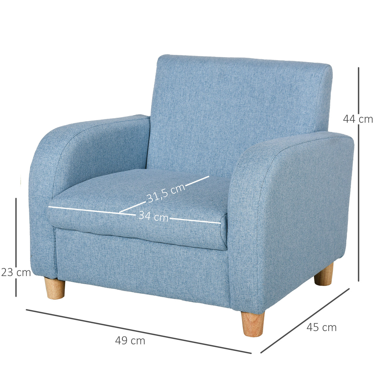 HOMCOM Kindersessel Kindersofa mit dickem Schaumstoff und dicken Sitzkissen Kindercouch Stuhl Liegesofa mit Anti-Rutsch-Füßen für 3-5 Jahre Kinder Holz Leinen Schaumstoff Blau 49x45x44,5 cm