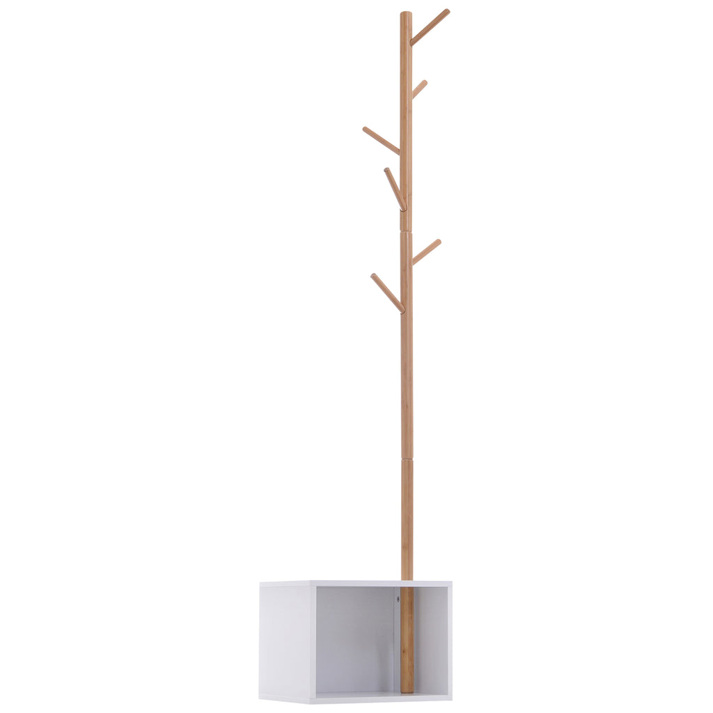 HOMCOM Garderobenständer Kleiderhaken Garderobe mit Sitzbank Stauraum Baum-Design Zweige 6 Haken Bambus Weiß Natur 40 x 30 x 180 cm