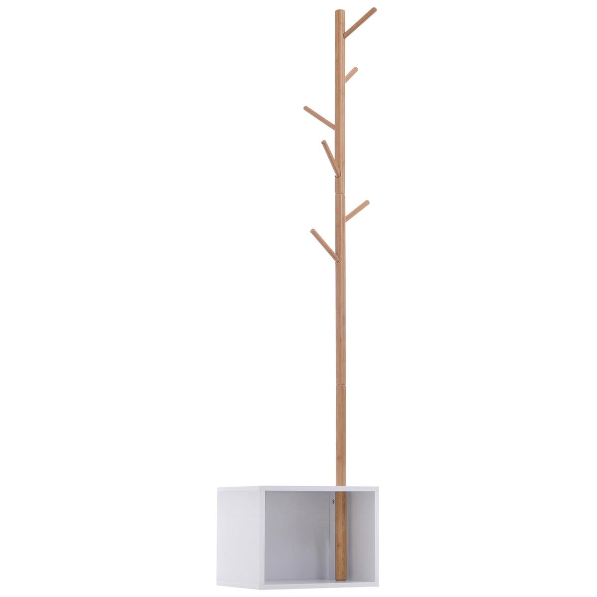HOMCOM Garderobenständer Kleiderhaken Garderobe mit Sitzbank Stauraum Baum-Design Zweige 6 Haken Bambus Weiß Natur 40 x 30 x 180 cm