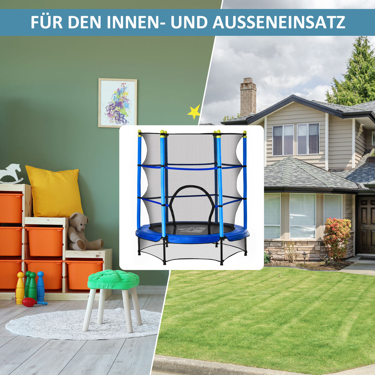 HOMCOM Kindertrampolin Ø140 cm, Trampolin mit Sicherheitsnetz, Randabdeckung, Gartentrampolin für Kinder 3-10 Jahre, bis 50 kg belastbar, Blau