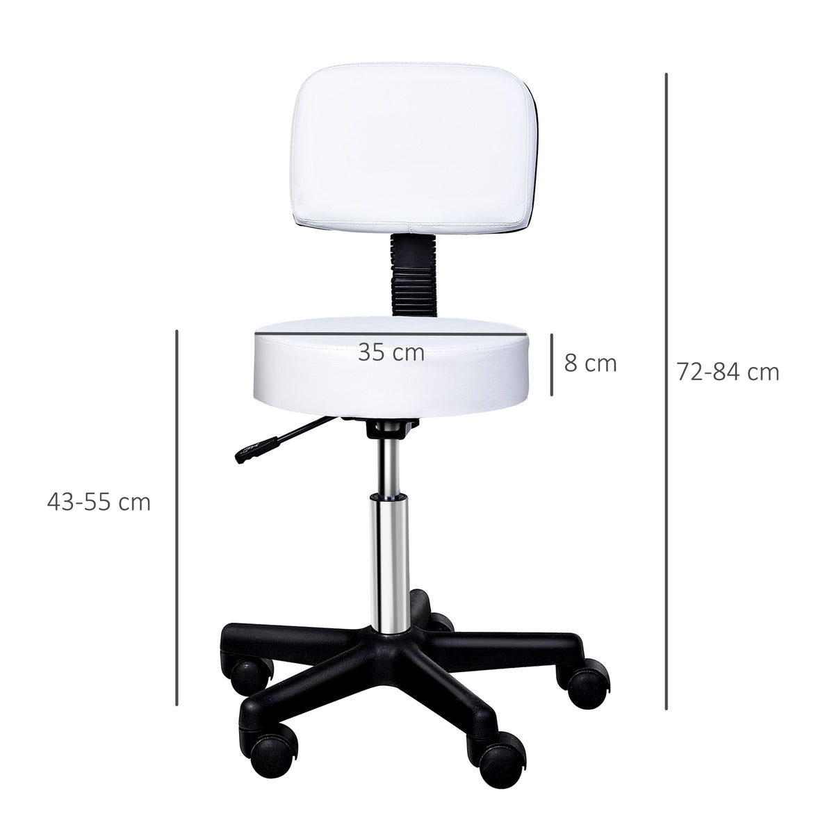 HOMCOM Rollhocker Höhenverstellbarer Arbeitshocker mit Lehne, Drehbarer Salon Hocker für Massage Büro Kunstleder Weiß Ø35 x 72-84 cm