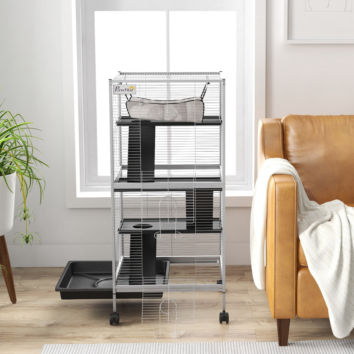 PawHut Käfig für Kleintiere Portable auf 4 Ebenen mit Rollen, 2 Türen, 3 Rampen, Hängematte und herausnehmbarem Tablett