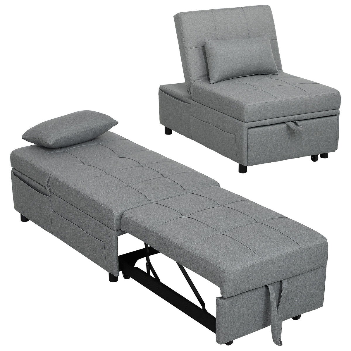 HOMCOM 3-in-1 Klappsessel mit Seitentasche, Gästebett mit Kissen, Verstellbarer Rückenlehne, Bettsessel mit Rollen, Hellgrau