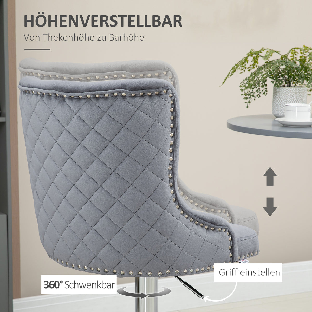 HOMCOM Barhocker, Sitzhocker, 2er-Set, höhenverstellbar, drehbarer Sitz, Fußstütze, Stahl, grau, 46 x 55 x 123cm