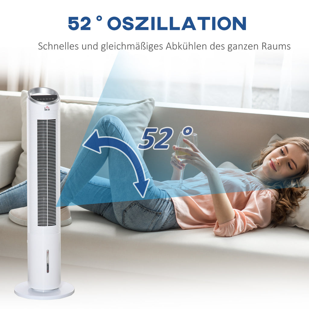 HOMCOM Turmventilator mit Wasserkühlung und Fernbedienung 60W 20㎡ 30 cm x 30 cm x 100,8 cm 3 Modi Weiß
