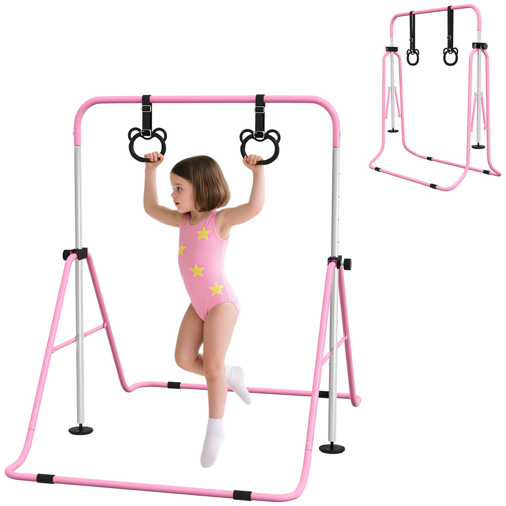 HOMCOM Kinder-Turnbarren mit Ringen, höhenverstellbar, klappbar, rutschfest, Stahlrahmen, 148x105x88-128 cm, Pink