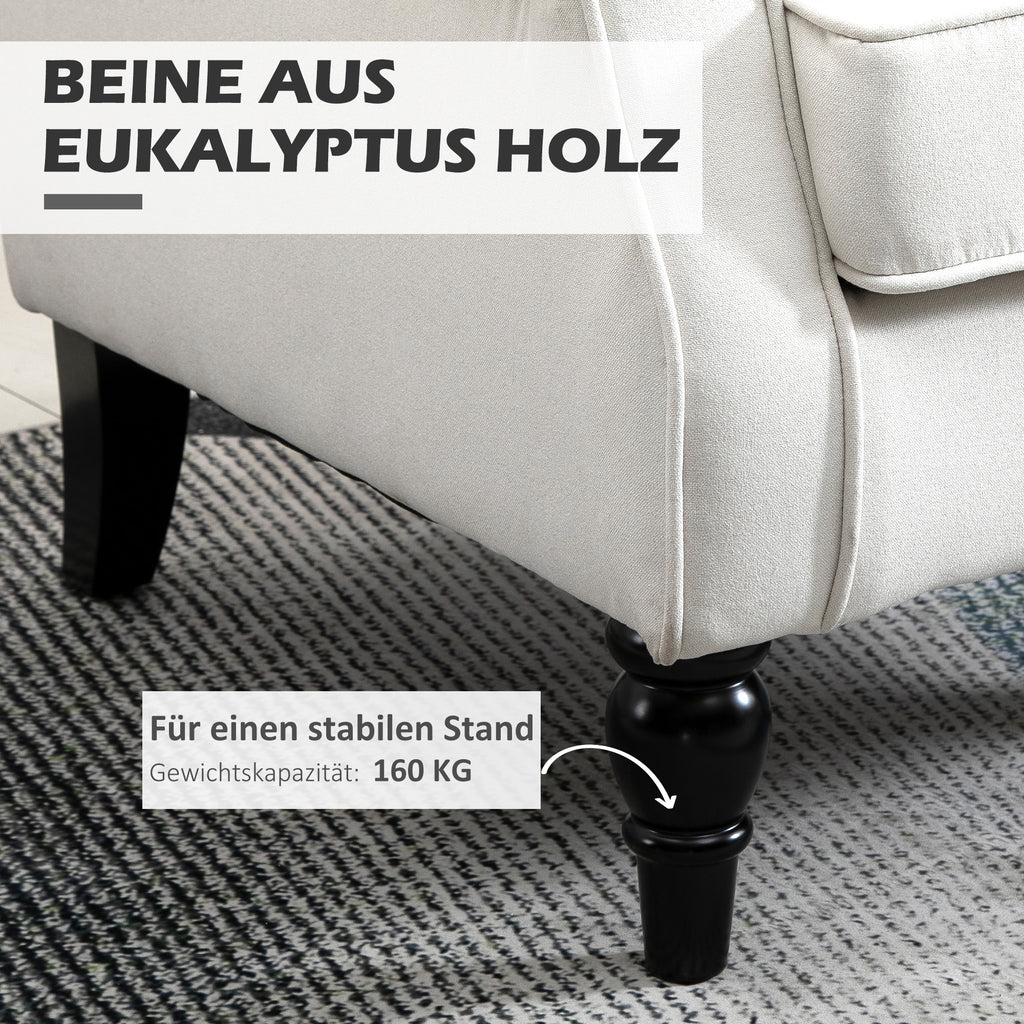 HOMCOM Ohrensessel Relaxsessel Sessel, Vintage-Design, Knopfheftung, gedrechselte Beine, 74 cm x 86 cm x 102 cm,  Cremeweiß