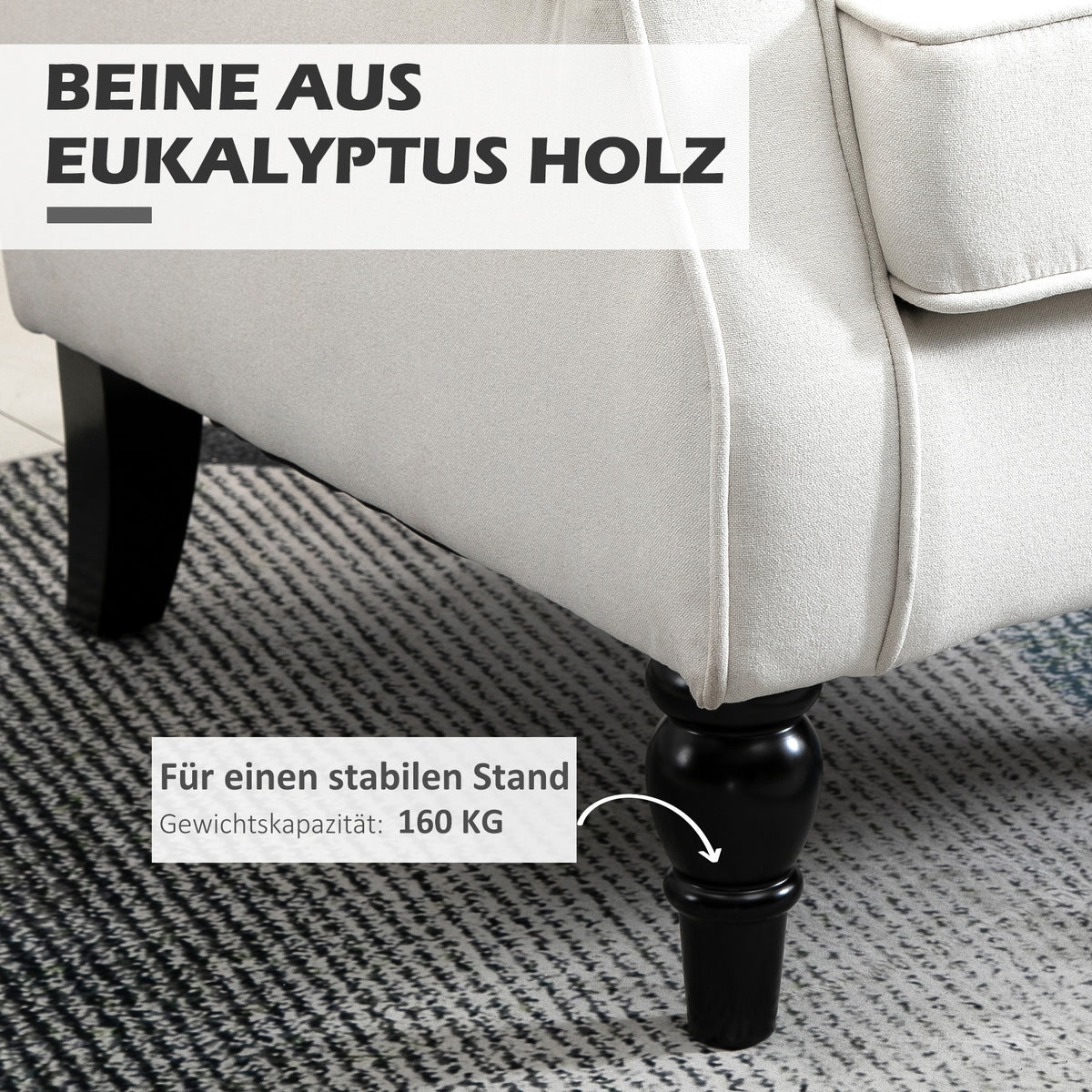 HOMCOM Ohrensessel Relaxsessel Sessel, Vintage-Design, Knopfheftung, gedrechselte Beine, 74 cm x 86 cm x 102 cm,  Cremeweiß