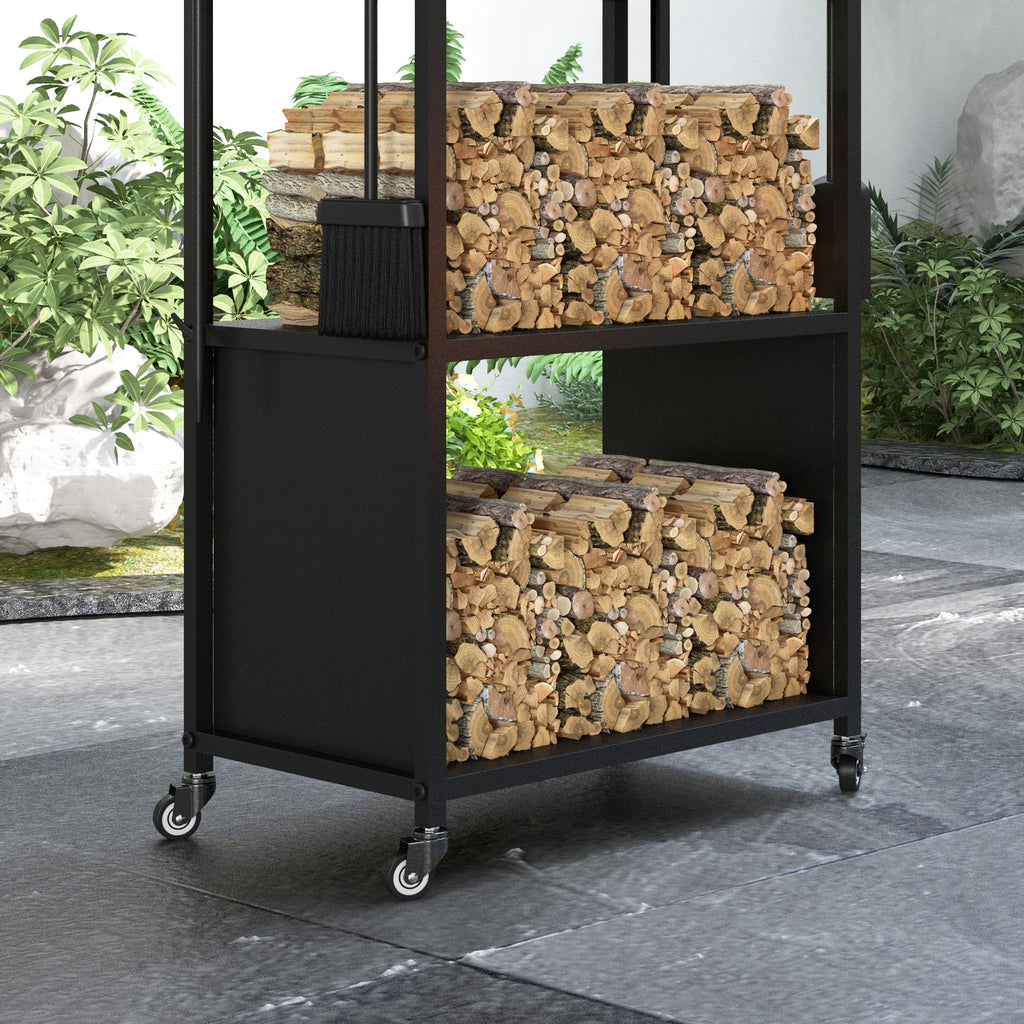 Outsunny 4-Ebenen-Feuerholzregal mit Rädern und 4 Werkzeugen, Brennholzregal aus Metall für den Innen- und Außenbereich, Schwarz