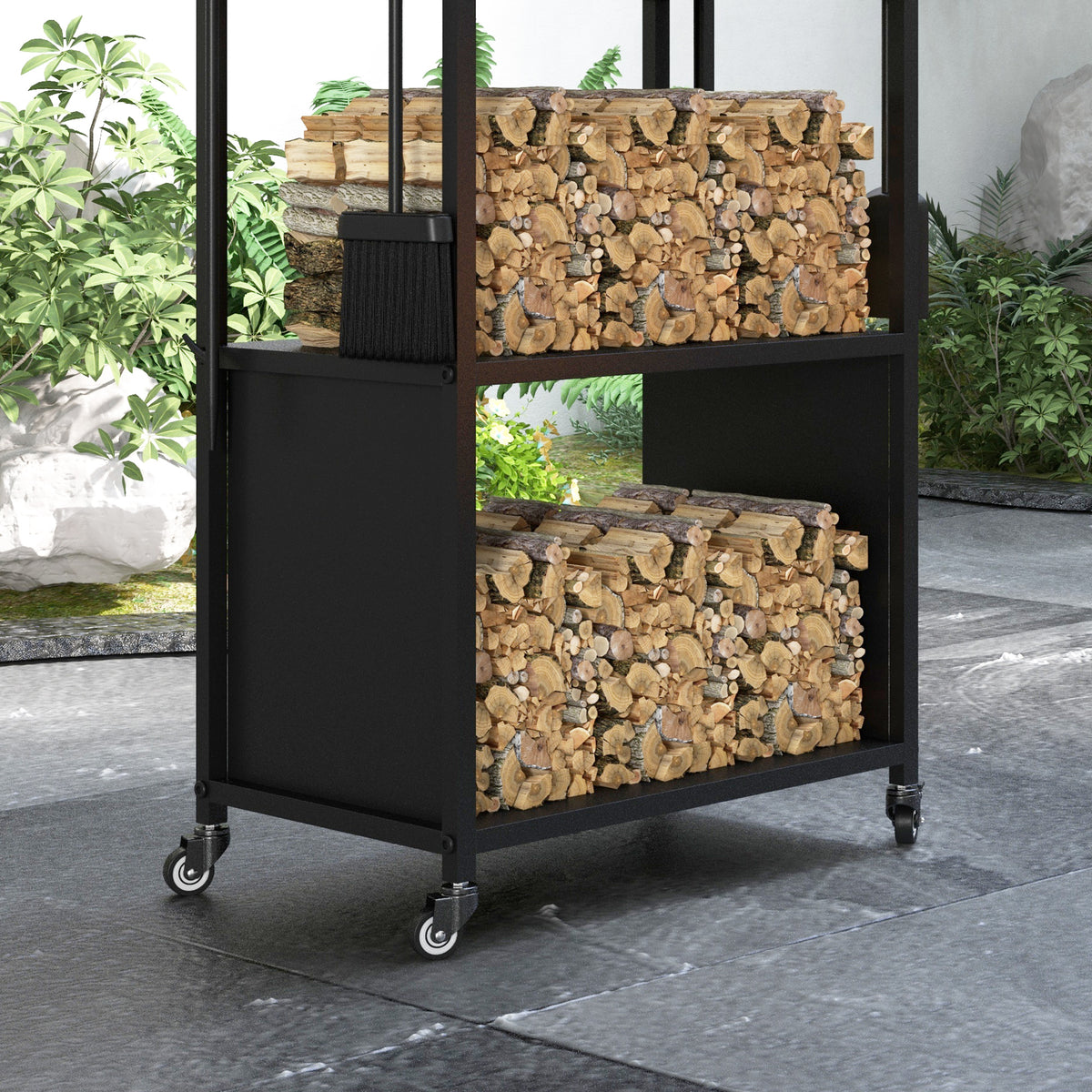 Outsunny 4-Ebenen-Feuerholzregal mit Rädern und 4 Werkzeugen, Brennholzregal aus Metall für den Innen- und Außenbereich, Schwarz