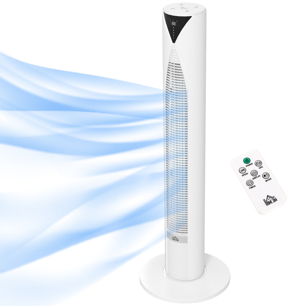 HOMCOM Turmventilator mit Fernbedienung, 12-Stunden-Timer, Schlafmodus, 3 Geschwindigkeiten, 31,5 x 31,5 x 96 cm Weiß