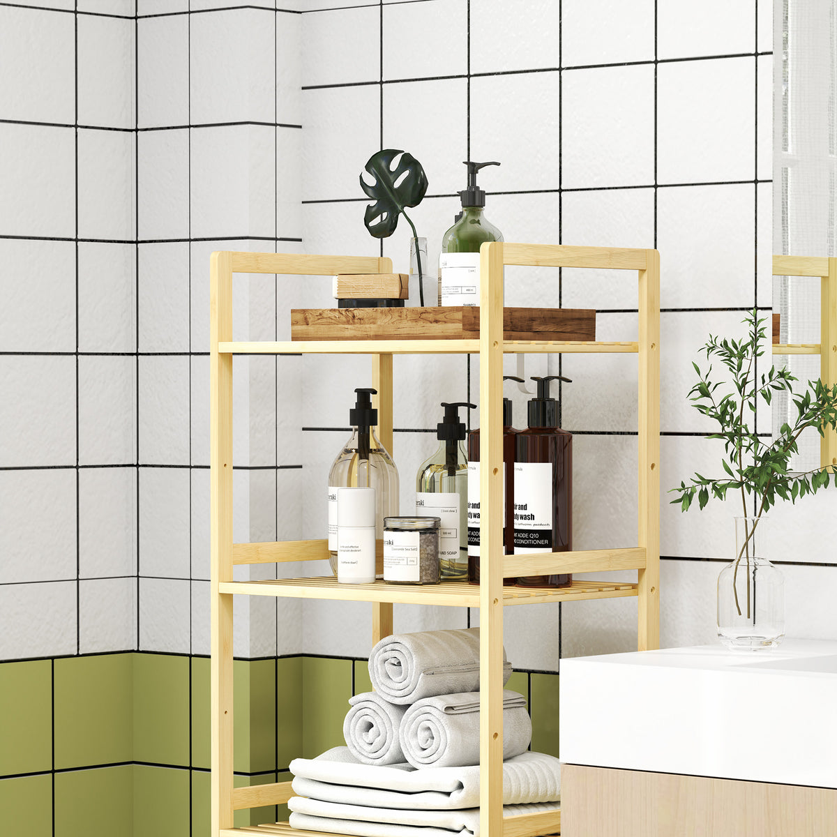 HOMCOM Bambus-Badezimmerregal mit 5 Ebenen, Aufbewahrungsregal mit verstellbaren Regalböden, 43,5 x 31,5 x 142 cm, Naturholz