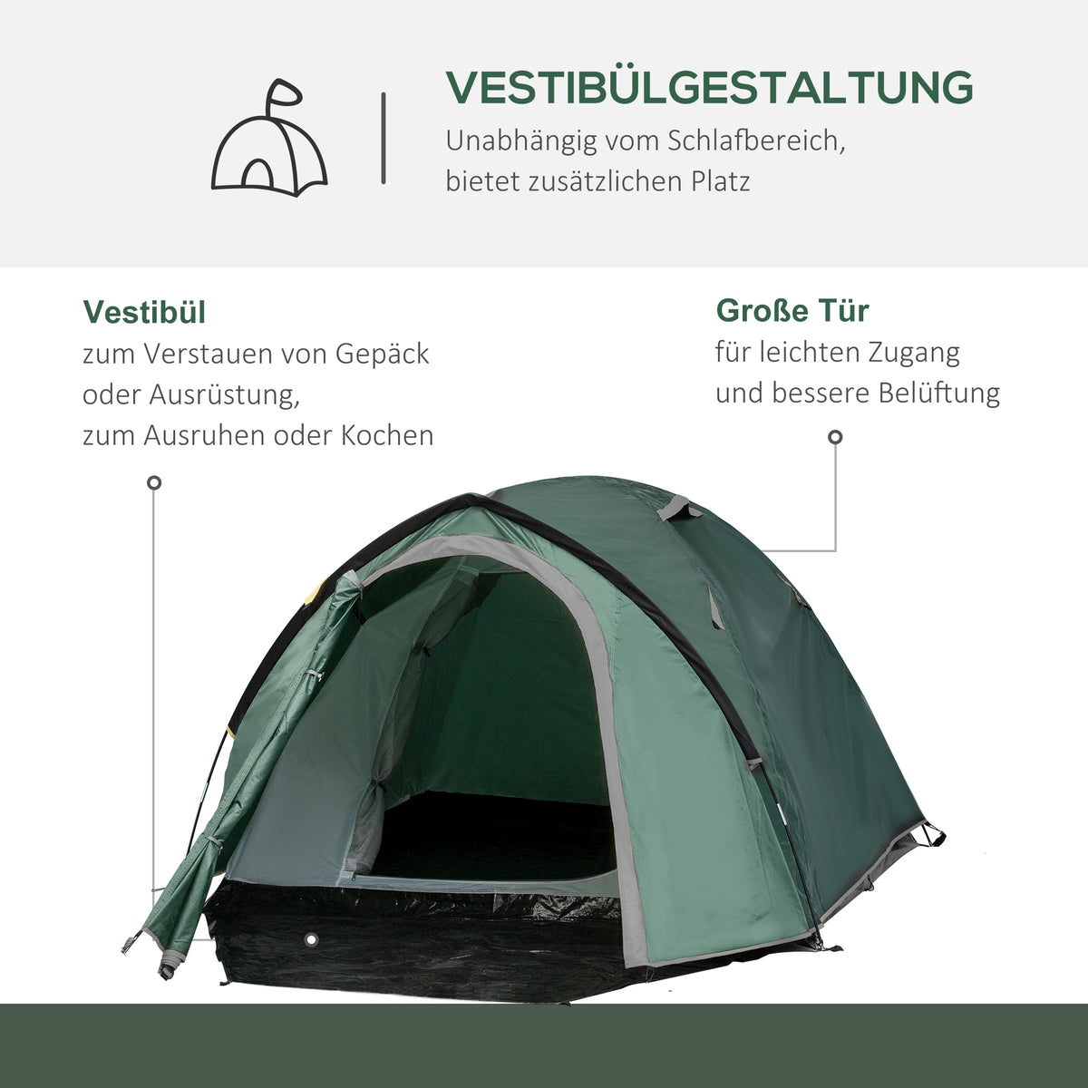 Outsunny 2-Personen-Campingzelt, Netzöffnungen, Lampenhaken, Tragetasche, Grau+Gelb