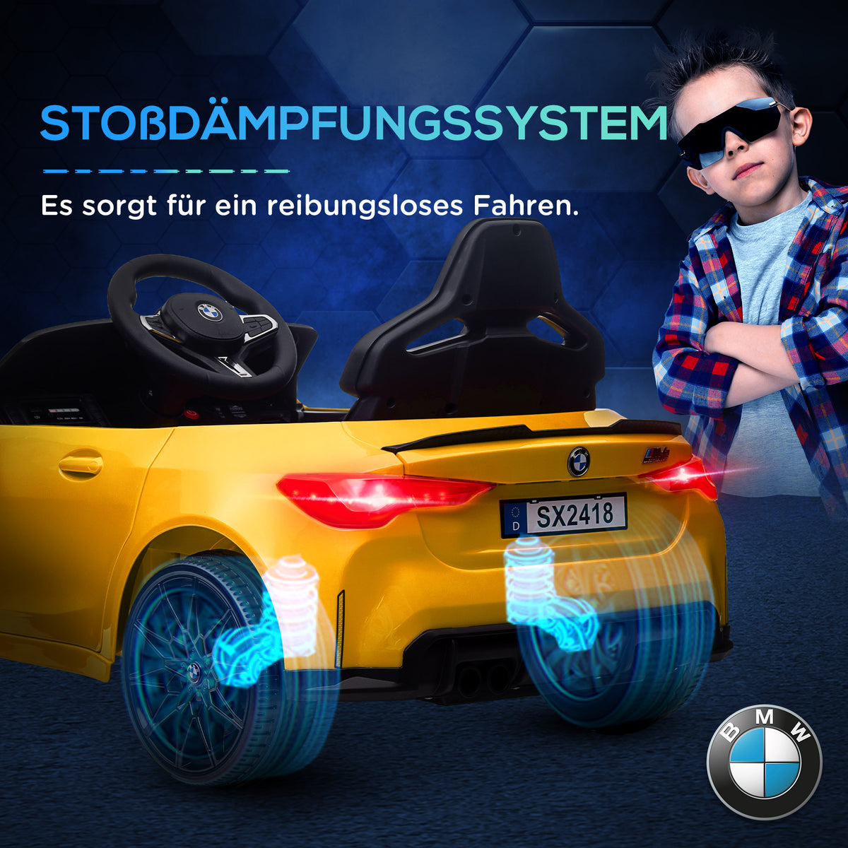 AIYAPLAY Elektro Kinderauto BMW M4, Sound & Licht, 3-5 km/h, inkl. Fernsteuerung, für 3-5 Jahre, Gelb
