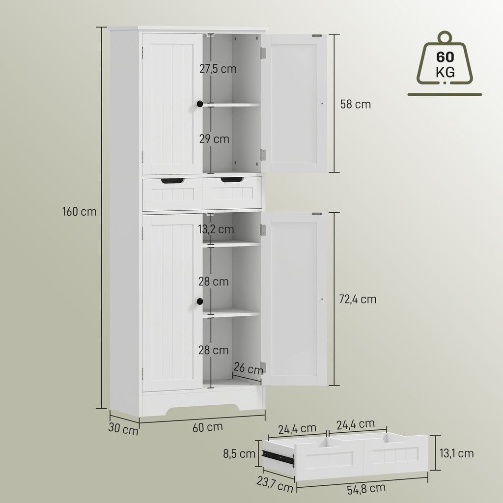 HOMCOM Badezimmerschrank mit Schublade, Türenschrank, verstellbares Regal, 60 x 30 x 160 cm, Weiß