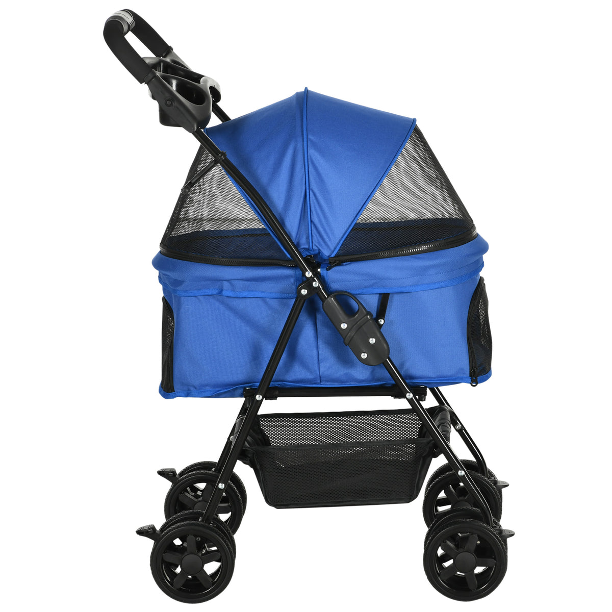 PawHut Hundebuggy Hundewagen bis 4 kg Klappbar Netzfenster Bodenkorb Becherhalter abnehmbares Dach blau 67 x 45 x 96 cm