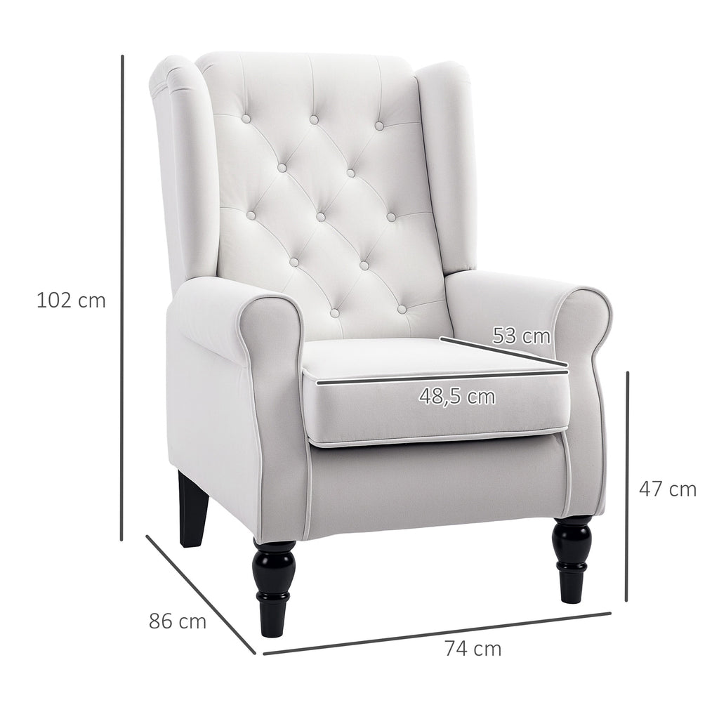 HOMCOM Ohrensessel Relaxsessel Sessel, Vintage-Design, Knopfheftung, gedrechselte Beine, 74 cm x 86 cm x 102 cm,  Cremeweiß