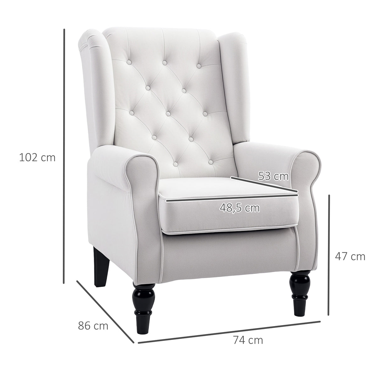 HOMCOM Ohrensessel Relaxsessel Sessel, Vintage-Design, Knopfheftung, gedrechselte Beine, 74 cm x 86 cm x 102 cm,  Cremeweiß