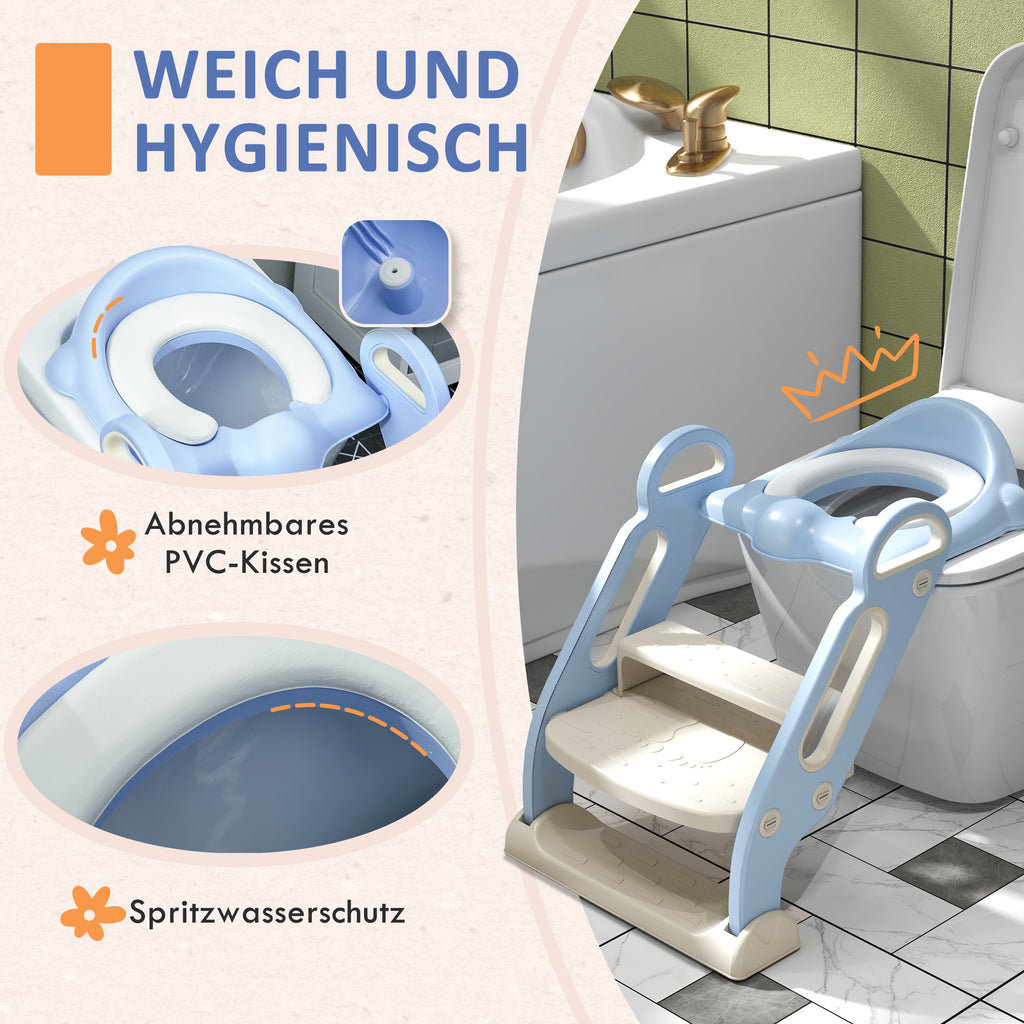 ZONEKIZ Toilettenaufsatz für Kinder, klappbar, mit Leiter, 2 Griffe, rutschfest, Spritzwasserschutz, blau